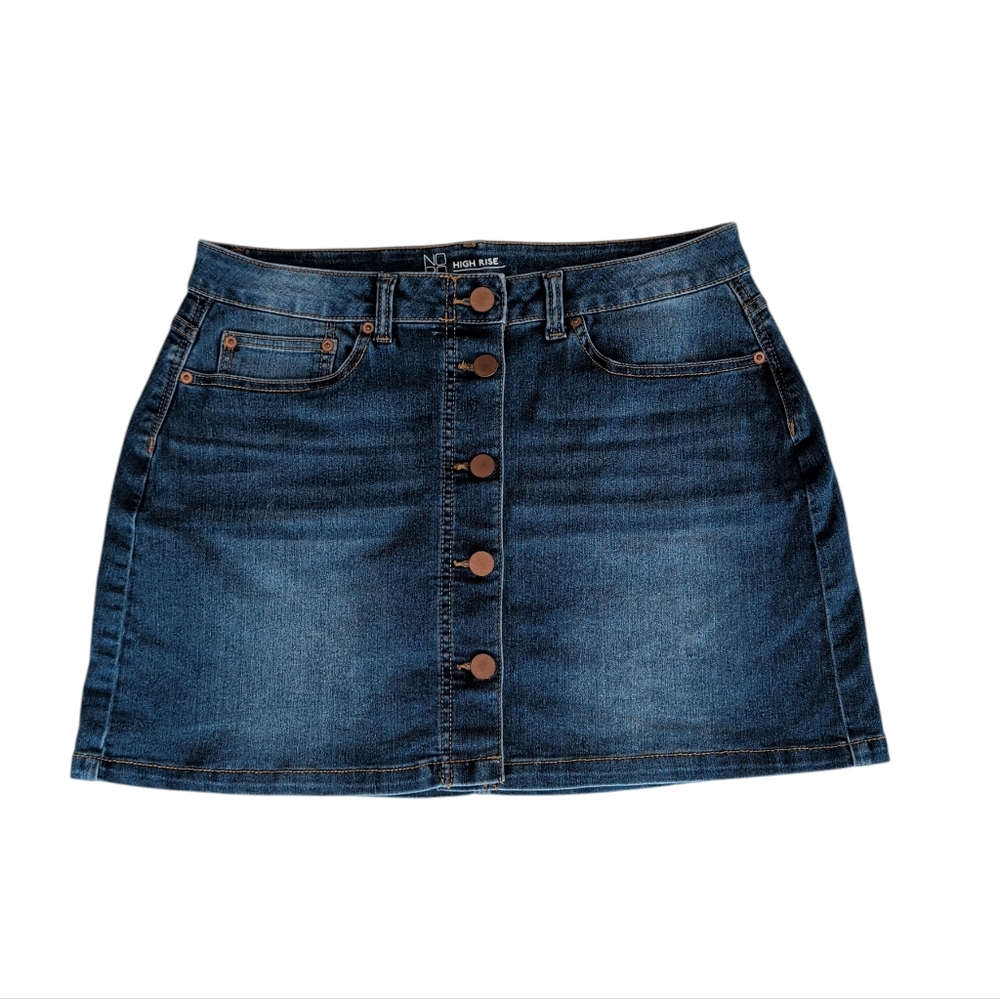 NOBO High Rise Button Distressed Stretch Denim Jean Skirt Junior 15 Blue Pockets